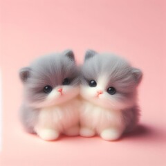 Couple of cute fluffy gray baby kitten toys on a pastel pink background. Saint Valentine's Day love concept. Wide screen wallpaper. Web banner with copy space for design.