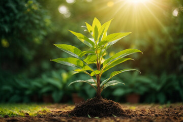 Seedlings grow in soil.Planting trees to reduce global warming. - obrazy, fototapety, plakaty