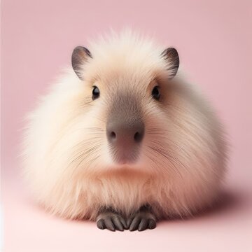 Сute fluffy baby capybara toy on a pastel pink background. Minimal adorable animals concept. Wide screen wallpaper. Web banner with copy space for design.