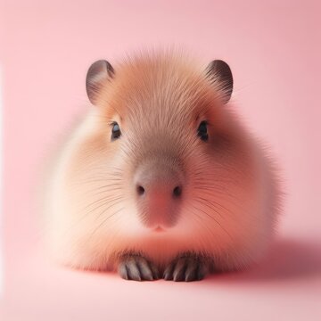 Сute fluffy baby capybara toy on a pastel pink background. Minimal adorable animals concept. Wide screen wallpaper. Web banner with copy space for design.