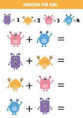 Obraz premium Addition for kids with different cute colorful cartoon monsters.