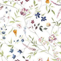 Delicate floral seamless pattern with abstract flowers and leaves on tree branches, isolated watercolor pattern for wallpapers, textile or nature background.