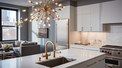 Luxurious kitchen in Chicago with gold faucet sputnik