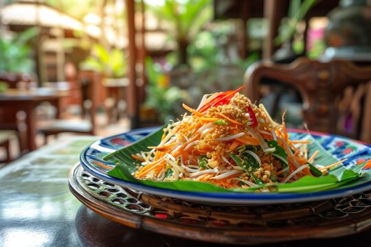 Thai som tam green papaya salad, Som Tam on a plate in a street cafe, Thai food, vegetable