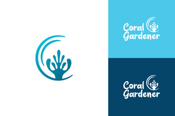 creative blue reef, coral logo design vector illustration. coral aquatic logo design, nature coral farmer logo vector design with elegant, simple, modern and gradient color - obrazy, fototapety, plakaty