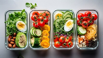 Healthy eating concept. Fresh fruits, vegetables and nuts in lunch boxes on dark background