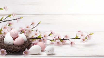 Obraz na płótnie Canvas Beautiful Easter eggs in a nest and pink flowers on a white wooden background with a copy space. Spring Mockup.