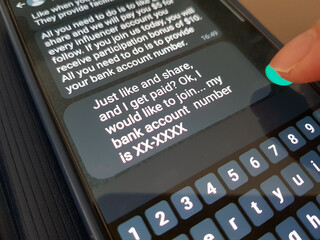 Job scam concept. A person receive a job scam message asking him to provide bank account number