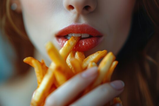 Young woman's mouth full of French fries. Generative Ai.