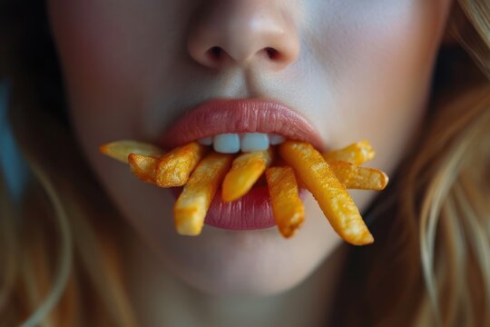 Young woman's mouth full of French fries. Generative Ai.