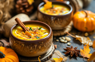Ornate bowls filled with creamy pumpkin soup, garnished with herbs and spices. The bowls are set on a rustic surface adorned with autumn leaves, star anise, seeds, and small pumpkins. - Powered by Adobe