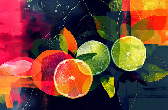 An abstract background with  close-up of colourful and vibrant sliced citrus fruits which are juicy in appearance. 