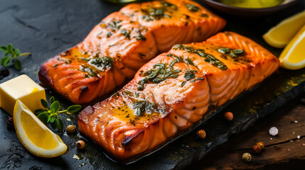 Grilled salmon fillets adorned with herbs and spices, presented in a rustic setting with lemon halves. 
