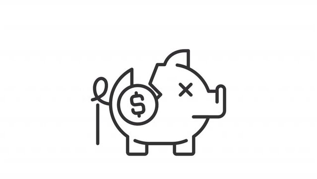 2D black simple thin line animation of broken piggy bank icon, HD video with transparent background, seamless loop 4K video representing economic crisis.