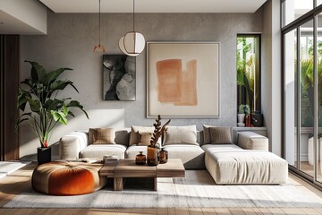 Interior of modern living room with white sofa, coffee table, plant, pillows and posters