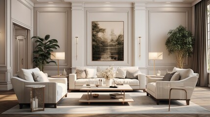 Elegant Minimalist Living Room Interior with Lush Greenery and Modern Furniture Design Aesthetic.