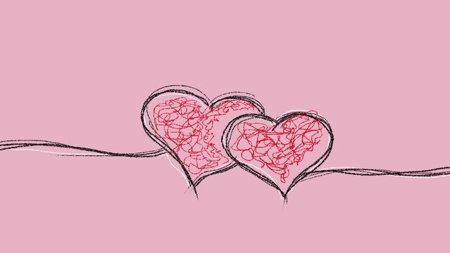 On a pink background, two graceful lines form two hearts, as if dancing to the rhythm of love. Heartbeat Moments. Valentine's day.
