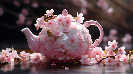 hd cherry blossom time flower on the pink tea pot, beautiful images of  pink tea pots with cherry flower 