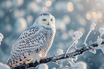 In a scene of winter snow, a white winter owl sat on a tree branch. Generative Ai.