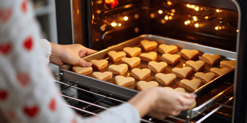 Closeup hands woman baking and remove from ovena tray of homemade heart shaped cookies.Postcards o invitations for Valentines, mothers day.Design of thematic web pages,recipe sites.