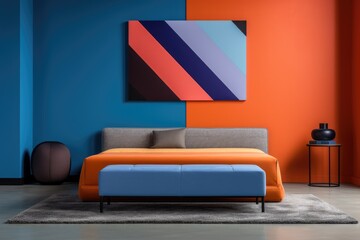Bed and bench against wall with copy space. Orange and blue tones. Art deco interior design of a modern bedroom.