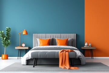 Bed and bench against wall with copy space. Orange and blue tones. Art deco interior design of a modern bedroom. - obrazy, fototapety, plakaty