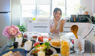 Thai girl Beginner cook, learn to cook, newlywed wife make salads and sandwiches along with...