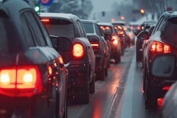Modern cars are stuck in a traffic jam in winter.