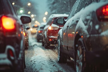 Modern cars are stuck in a traffic jam in winter.