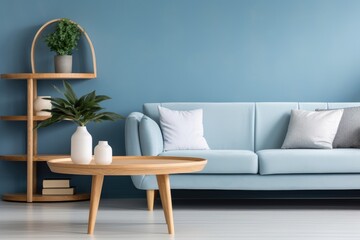 Scandinavian home interior design of modern blue living room. Round coffee table near blue sofa