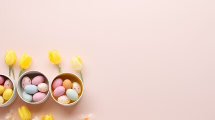 Top view of colorful Easter eggs, yellow tulips in small bowls on an isolated pastel beige background with a copy space. Spring mockup, Easter celebration concept.
