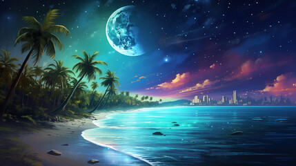 Fototapeta na wymiar The Moon Night And Sea. Fiction. Concept Art. Realistic Illustra