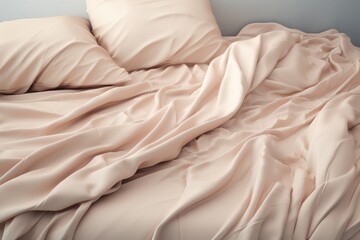 Crumpled beige bed linen with pillows and blankets