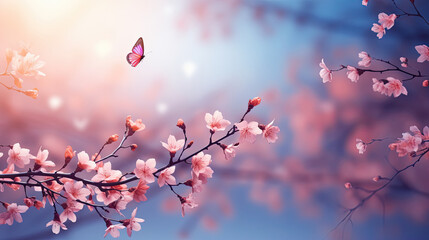 Spring background with blooming cherry tree and butterfly.