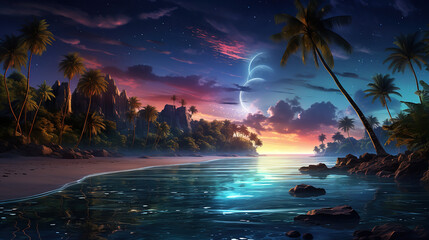 The Moon Night And Sea. Fiction. Concept Art. Realistic Illustra