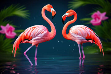 Two flamingos in love on a dark background.