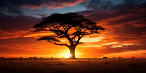 Mesmerizing view of the silhouette of a tree in the savanna plains during sunset