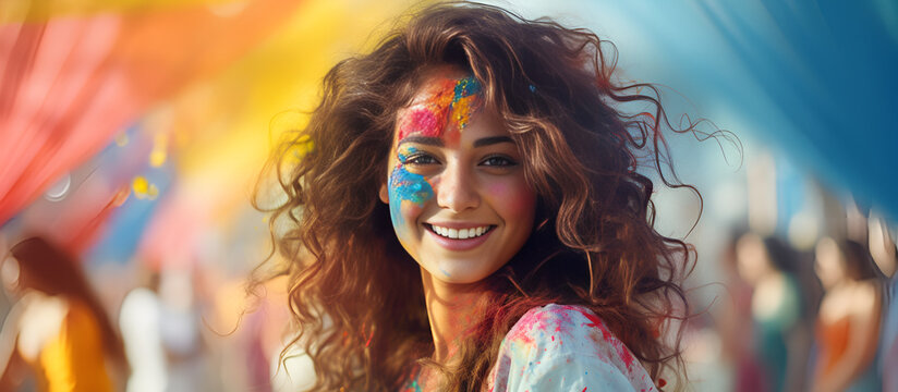 Portrait of a young woman at the Holi festival, expressing joy. Cheerful Holi Moments: Woman Enjoying the Festival