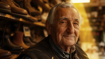 an elderly man in front of his shoe shop.  - obrazy, fototapety, plakaty