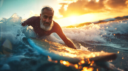 a skinny old man surfing the waves.  - obrazy, fototapety, plakaty