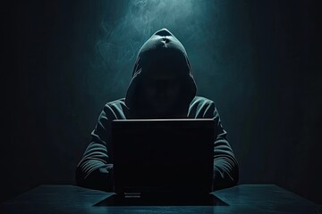 Hacker using laptop in dark room. Cybercrime and hacking concep