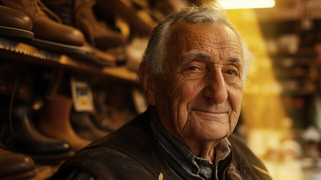 an elderly man in front of his shoe shop. 