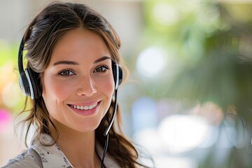 Portrait of a beautiful young female customer support phone operator in headset