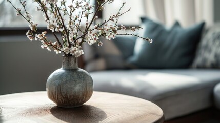 Close-up of a ceramic vase with flowers on a round coffee table against the background