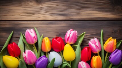Top view of Colorful spring tulips on a brown wooden background with a copy space. Spring Flatley, mockup.