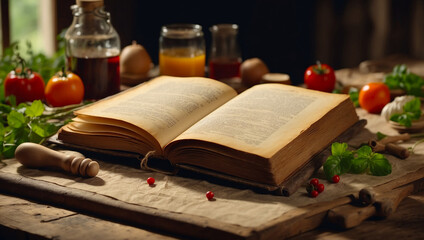 Naklejka na ściany i meble An old recipe book on kitchen