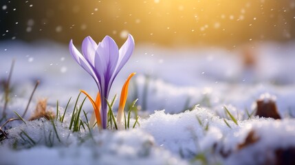 Beautiful purple crocus flowers in the snow, first spring flowers. Generative AI.