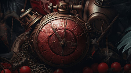 Fototapeta na wymiar red, vintage background, products, enginer, generative, ai, steampunk, background, clockwork, brooch, 