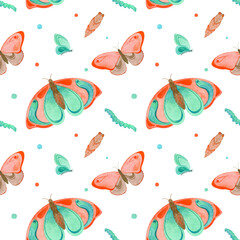 Seamless watercolor pattern of butterflies on a white background. All elements are hand painted in watercolor. Suitable for printing on fabric, paper.