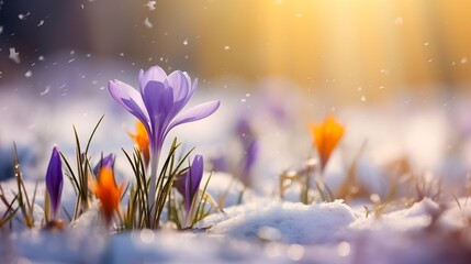 Beautiful purple crocus flowers in the snow, first spring flowers. Generative AI.